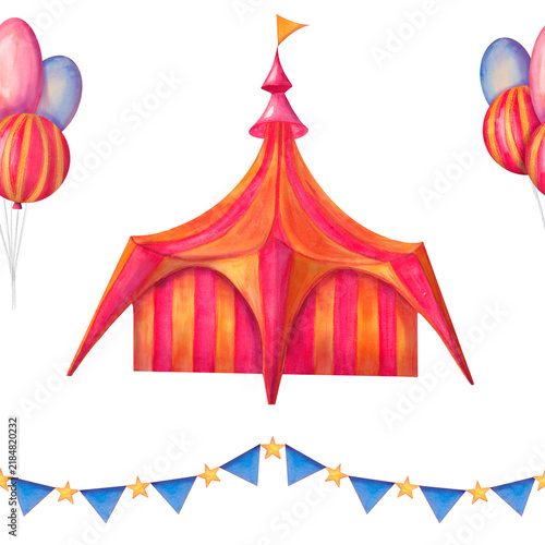 Hand-drawn watercolor circus seamless pattern for children. Whimsical circus tent with balloons and blue strip of flags.