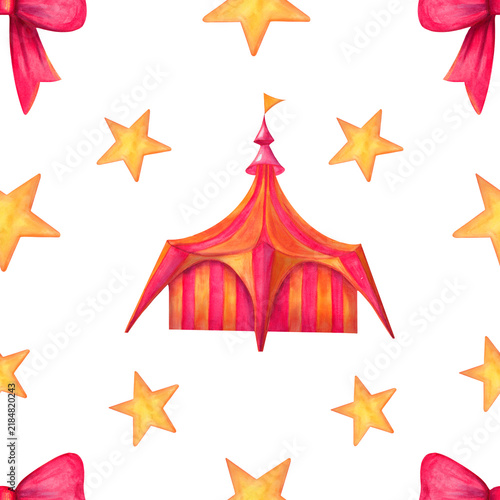 Hand-drawn watercolor circus seamless pattern for children. Whimsical circus tent with stars and red bow.
