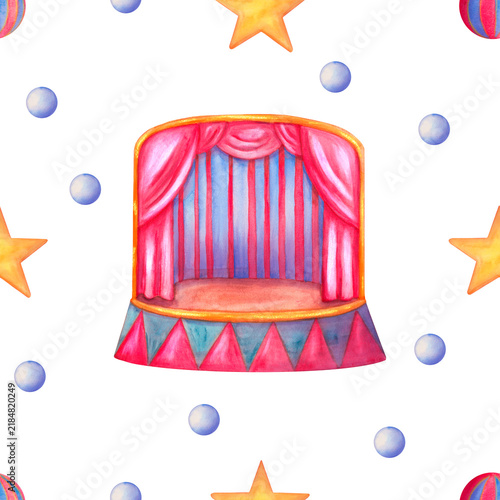 Hand-drawn watercolor circus seamless pattern for children. Whimsical circus arena with stars and beads.