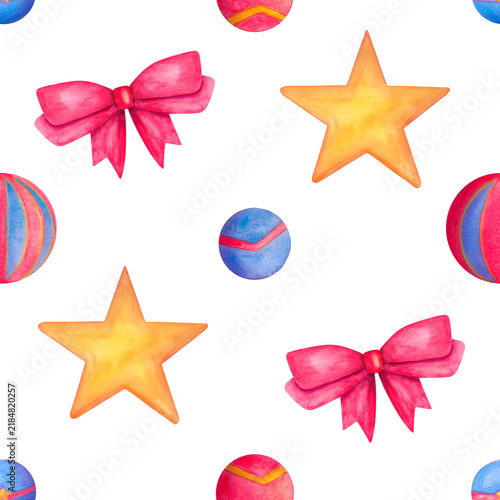 Hand-drawn watercolor circus seamless pattern for children. Whimsical stars, red bow and colorful circus balls.