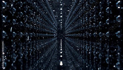 Dark Blue Data Center Tunnel with Glowing Dots and Pixel Rays