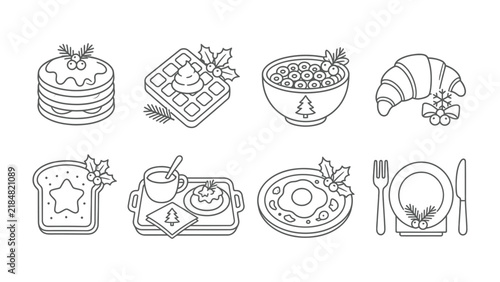 Christmas Breakfast Icons: A collection of charming line art illustrations depicting festive Christmas breakfast foods, including pancakes, waffles, cereal, croissant, toast, coffee, fried egg.