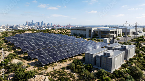 Utility scale solar panel installation on rocky terrain with BESS storage containers photo, aerial view of solar energy farm near commercial buildings, and green energy technology background.