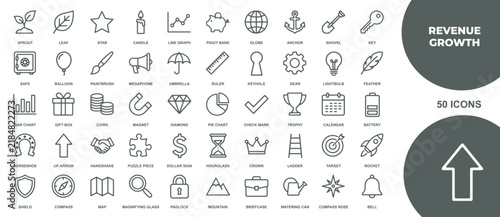 Set of fifty vector line icons representing revenue growth and business development strategies for creative professional designs