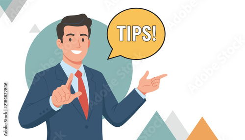 Friendly businessman in a suit smiling and pointing towards a speech bubble with tips text for helpful advice and business suggestions.