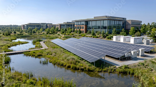 Corporate park solar power system with BESS battery storage photo, commercial ground mounted solar panel array next to retention pond and modern glass offices, and clean energy graphic.