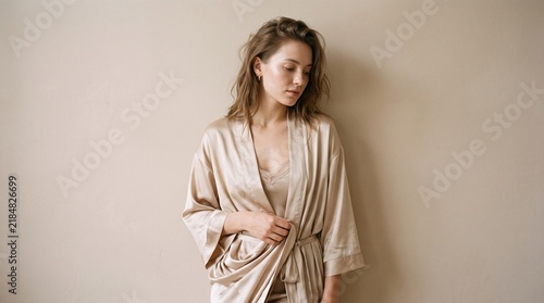 Champagne Satin Robe Luxury Lingerie Fashion Generative AI