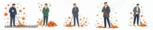 Flat vector illustration of a man sweeping up fallen dry leaves in autumn