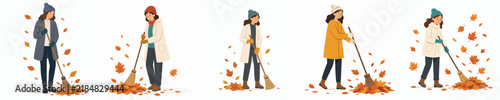 Flat vector illustration of a woman sweeping up fallen dry leaves in autumn