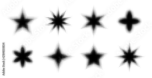 Halftone star pattern with dot texture creates retro pop art effect. Sparkle gradient elements with twinkle points.