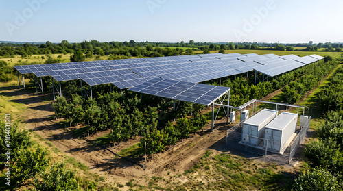 Agrivoltaics smart farm with elevated solar arrays over crops photo, solar canopy setup with battery storage containers greenhouse and field crops, and green energy agriculture background.