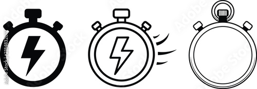 Set of three stopwatch icons representing speed and time with stopwatch lightning measurement chronometer silhouette performance competition
