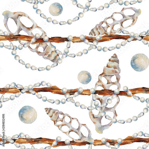 Fotografie Watercolor seamless pattern with openwork seashells, pearl garlands and driftwood in a realistic coastal style