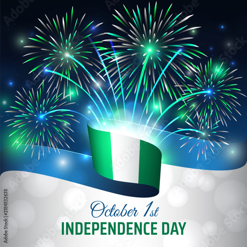 Nigeria independence day october 1, nigerian flag and colorful fireworks on blue night sky background. Nigeria national holiday october 1st. Independence day greeting card. Vector illustration