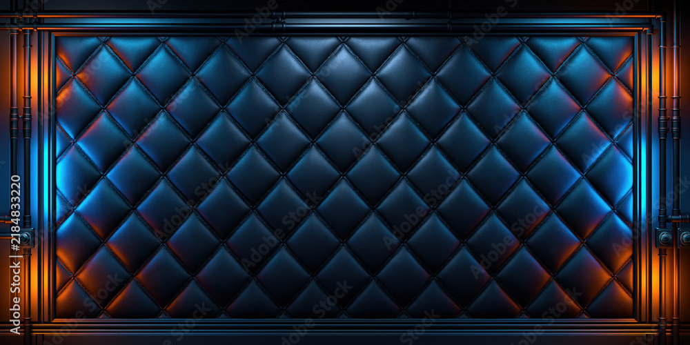 Fototapeta premium Dark leather quilted wall panel with blue and orange light, luxury interior texture close up