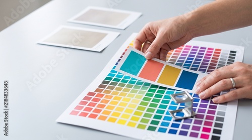 Graphic designer comparing printed color samples with a reference swatch chart and magnifying loupe during professional print quality control