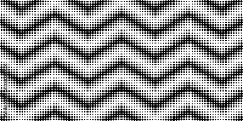 Zigzag halftone pattern with gradient dots creating dynamic chevron background. Texture fades from black to white with geometric screen effect.