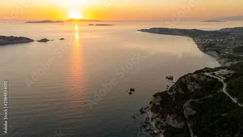 Golden sunset reflecting on Ionian Sea near Corfu