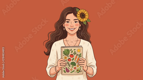 Woman Holding Vegetable Illustrated Book Vector Illustration