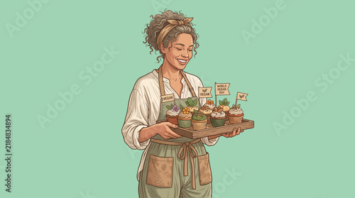 Smiling Woman Holding a Tray of Vegan Cupcakes for World Vegan Day