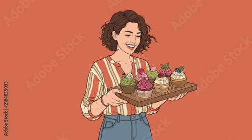 Smiling Woman Holding a Tray of Assorted Cupcakes Vector Illustration