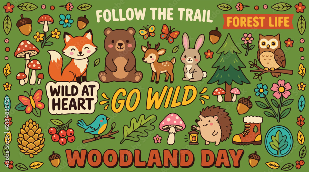 Fototapeta premium Woodland animals and nature elements arranged as a colorful sticker collection.