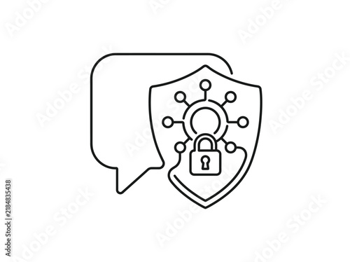 Cyber security concept icon with shield and chat bubble. Online safety and data protection sign. Encrypted communication symbol for web design and app interface.
