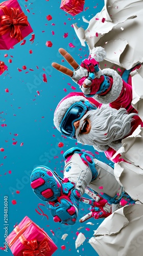 Futuristic Santa Claus in vibrant pink and blue gear bursts through paper, making a peace sign amidst floating gifts and confetti against a bold blue background.