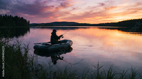 Solitary angler fishing from an inflatable boat at sunset on a calm lake.