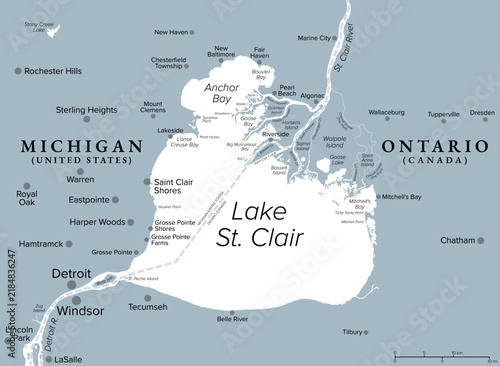 Lake St. Clair, part of Great Lakes system in North America, gray political map. Freshwater lake between Canadian province Ontario and U.S. state of Michigan northeast of Detroit and Windsor. Vector