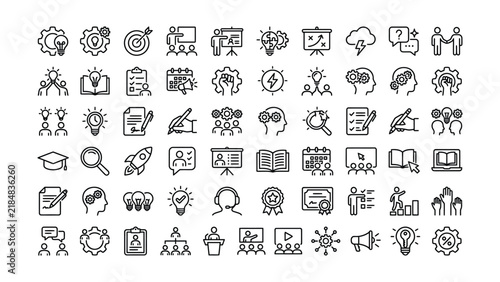 Set of diverse business management and professional development line icons for corporate strategy and office workflow