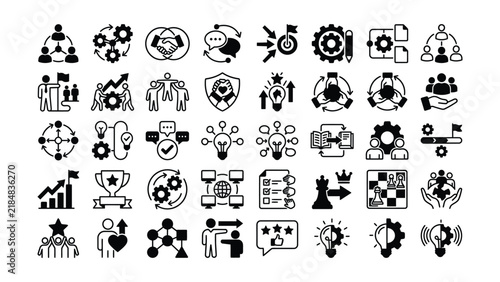 Set of diverse business management and team collaboration icons for professional graphic design projects