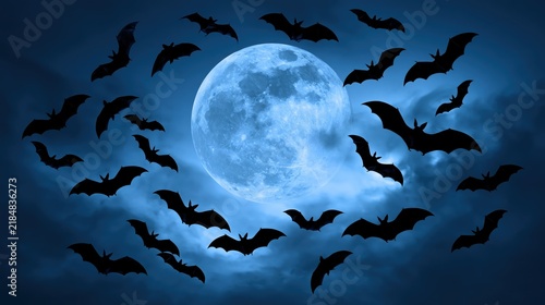 Flock of bats flying in a spiral formation around a full moon at night