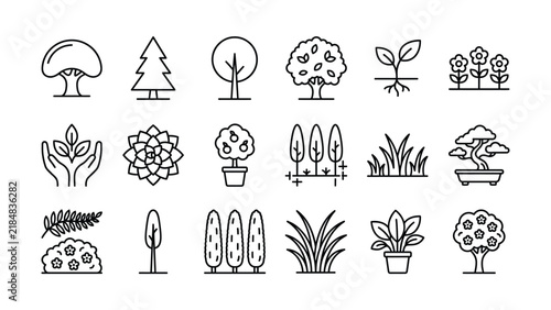 Set of diverse nature and plant line icons for eco design projects