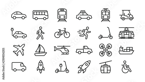 Set of diverse transportation icons featuring cars planes ships and public transit vehicles in a clean linear style