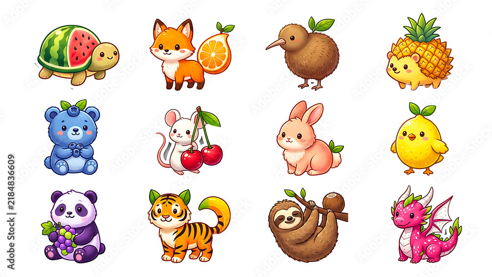 Obraz premium Cute Cartoon Animals Collection Set, Funny Wild and Domestic Animal Characters with Cat, Dog, Owl, Rabbit, Bear and Bird Vector Illustrations for Pattern and Design