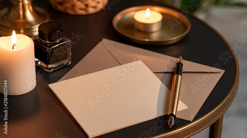 Elegant writing set with candle, ink, and stationery on a dark table