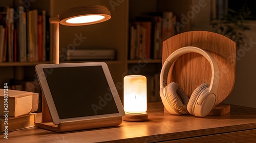 Wooden desk with tablet headphones and night light