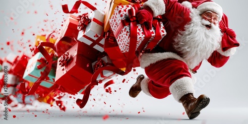 Energetic Santa Claus running with a pile of colorful Christmas gifts, red ribbons flying, festive confetti, joyful holiday spirit, bright studio lighting.