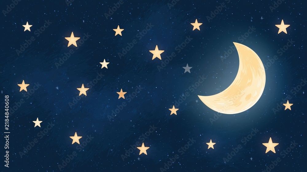 Fototapeta premium Whimsical scattered stars and crescent moon against a dark starry night sky