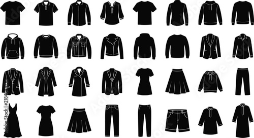 Set of black clothing silhouettes including shirts jackets hoodies dresses and pants for fashion design isolated on transparent background, Vector