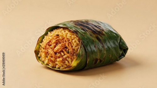Indonesian nasi bakar wrapped partially in grilled banana leaf. Food illustration concept