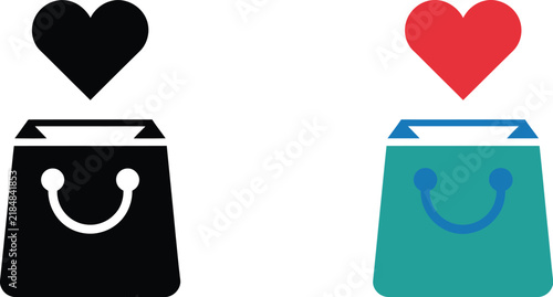Shopping bag with heart icon in two color vector illustration representing retail, shopping, customer loyalty, and online commerce.