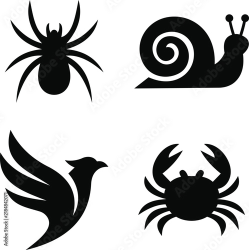 Collection of four black animal silhouette icons featuring a spider, snail, flying bird, and crab. Clean minimalist vector silhouettes with bold shapes, suitable for logo design, branding, stickers, w