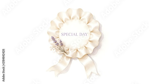 Delicate cream watercolor ribbon medallion with curling tails, dried lavender, and “SPECIAL DAY” lettering on clean white canvas. Wedding design concept