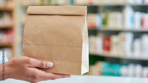Main de pharmacien tenant un sac en papier kraft devant des rayonnages de médicaments
