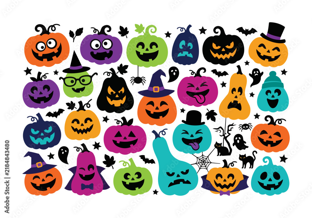 Obraz premium Colorful Halloween Pumpkins Cartoon Set with Cute and Spooky Expressions.