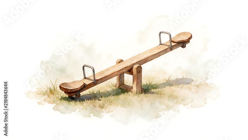 Wooden playground seesaw resting tilted with rounded seats visible. Playground illustration concept