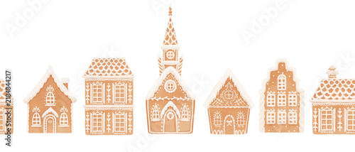 Christmas Winter Village with Church and Snowy Gingerbread Houses, Vector Holiday Landscape