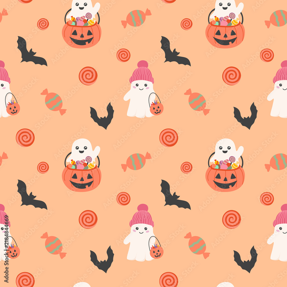 Obraz premium Cute Halloween seamless pattern with ghosts, colored candies and bats on an orange background, hand drawn